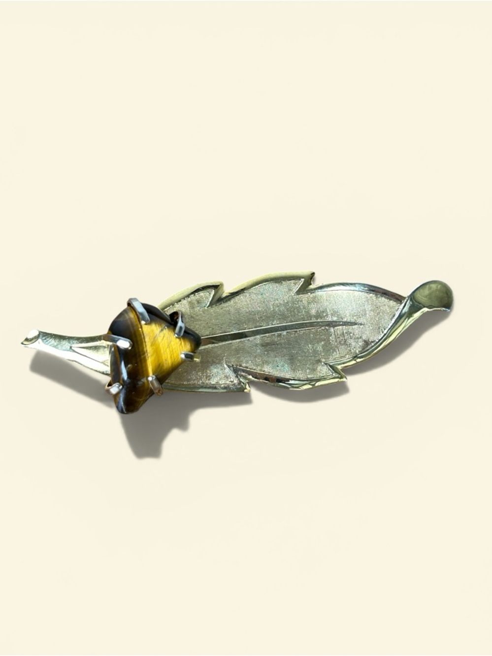 Vintage Gold Tone Leaf Brooch with Tiger's Eye Stone